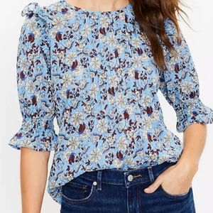 LOFT FLORAL PINTUCK PUFF SLEEVE TOP, CAPRI BLUE, MEDIUM